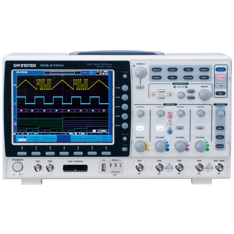 Instek GDS-2104A VPO Digital Oscilloscope: 4-Channel, 100 MHz, 2 Mpts, 2 GS/s Instek GDS-2104A VPO Digital Oscilloscope: 4-Channel, 100 MHz, 2 Mpts, 2 GS/s