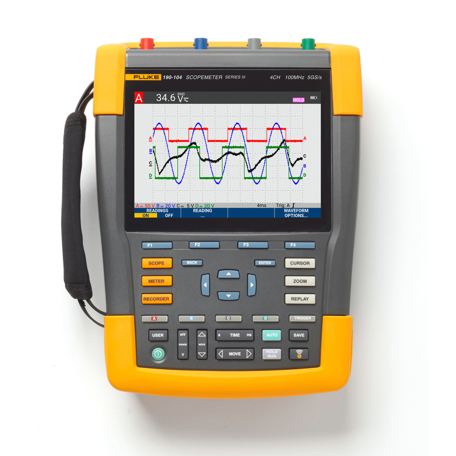 Fluke 190-104-III: 4-Channel, 100 MHz Handheld Oscilloscope for Precision Diagnostics Fluke 190-104-III: 4-Channel, 100 MHz Handheld Oscilloscope for Precision Diagnostics